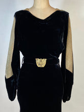 Load image into Gallery viewer, 1930's Bias cut black SILK VELVET & metal Lamé gown with bishop sleeves