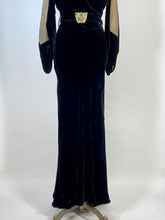 Load image into Gallery viewer, 1930's Bias cut black SILK VELVET & metal Lamé gown with bishop sleeves