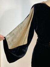 Load image into Gallery viewer, 1930's Bias cut black SILK VELVET & metal Lamé gown with bishop sleeves