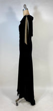 Load image into Gallery viewer, 1930's Bias cut black SILK VELVET & metal Lamé gown with bishop sleeves