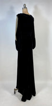 Load image into Gallery viewer, 1930's Bias cut black SILK VELVET & metal Lamé gown with bishop sleeves
