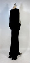 Load image into Gallery viewer, 1930's Bias cut black SILK VELVET & metal Lamé gown with bishop sleeves