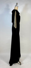 Load image into Gallery viewer, 1930's Bias cut black SILK VELVET & metal Lamé gown with bishop sleeves