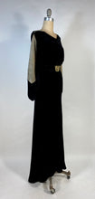 Load image into Gallery viewer, 1930's Bias cut black SILK VELVET & metal Lamé gown with bishop sleeves