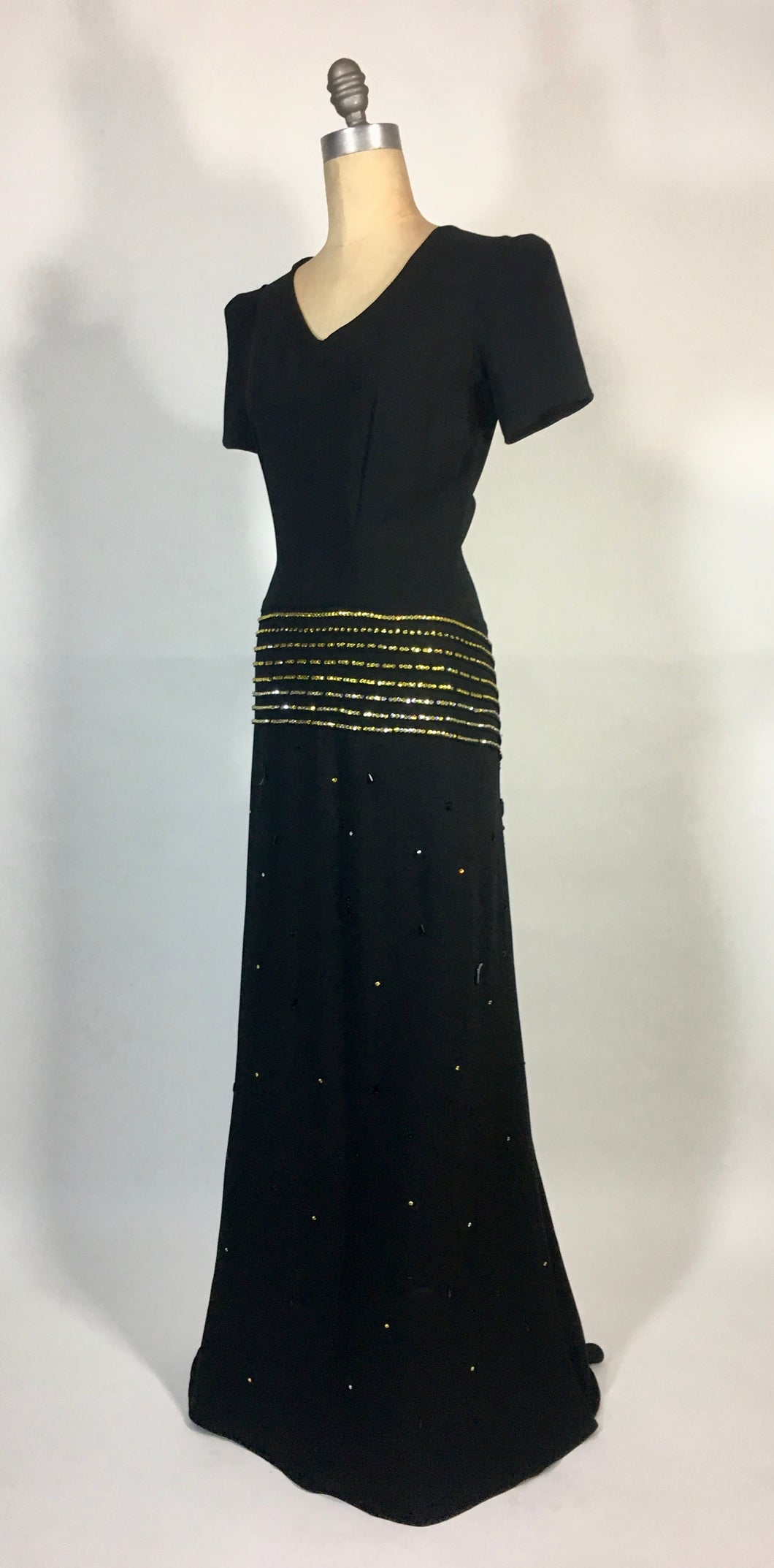 1930's black w/gold Swarovski rhinestone & jet bead CELESTIAL dress FOGA (Fashion Originators Guild of America)