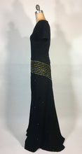 Load image into Gallery viewer, 1930's black w/gold Swarovski rhinestone & jet bead CELESTIAL dress FOGA (Fashion Originators Guild of America)