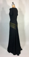 Load image into Gallery viewer, 1930's black w/gold Swarovski rhinestone & jet bead CELESTIAL dress FOGA (Fashion Originators Guild of America)