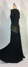 Load image into Gallery viewer, 1930's black w/gold Swarovski rhinestone & jet bead CELESTIAL dress FOGA (Fashion Originators Guild of America)