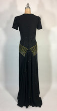 Load image into Gallery viewer, 1930's black w/gold Swarovski rhinestone & jet bead CELESTIAL dress FOGA (Fashion Originators Guild of America)