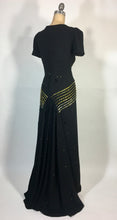 Load image into Gallery viewer, 1930's black w/gold Swarovski rhinestone & jet bead CELESTIAL dress FOGA (Fashion Originators Guild of America)