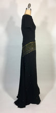 Load image into Gallery viewer, 1930's black w/gold Swarovski rhinestone & jet bead CELESTIAL dress FOGA (Fashion Originators Guild of America)