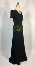 Load image into Gallery viewer, 1930's black w/gold Swarovski rhinestone & jet bead CELESTIAL dress FOGA (Fashion Originators Guild of America)