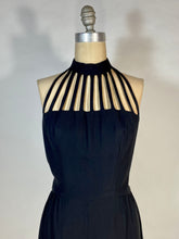 Load image into Gallery viewer, 1990's sexy black jumpsuit with cage style halter neck & back size Small