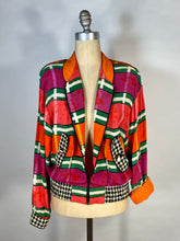 Load image into Gallery viewer, 1990's COLORFUL mixed print silk blend 'The Nanny' jacket size Medium-Large
