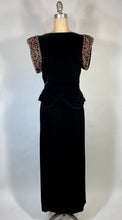 Load image into Gallery viewer, 1940's GLAM NOIR velvet gown with beaded sleeves & unique peplum design