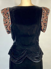 Load image into Gallery viewer, 1940's GLAM NOIR velvet gown with beaded sleeves & unique peplum design
