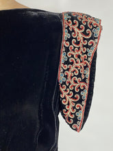 Load image into Gallery viewer, 1940's GLAM NOIR velvet gown with beaded sleeves & unique peplum design