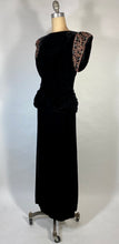 Load image into Gallery viewer, 1940's GLAM NOIR velvet gown with beaded sleeves & unique peplum design