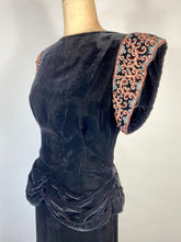 Load image into Gallery viewer, 1940's GLAM NOIR velvet gown with beaded sleeves & unique peplum design