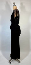 Load image into Gallery viewer, 1940's GLAM NOIR velvet gown with beaded sleeves & unique peplum design
