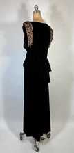 Load image into Gallery viewer, 1940&#39;s GLAM NOIR velvet gown with beaded sleeves &amp; unique peplum design
