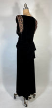 Load image into Gallery viewer, 1940's GLAM NOIR velvet gown with beaded sleeves & unique peplum design