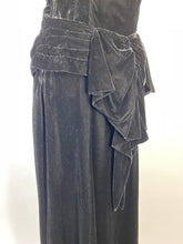 Load image into Gallery viewer, 1940's GLAM NOIR velvet gown with beaded sleeves & unique peplum design