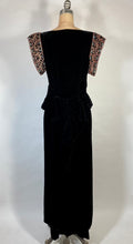 Load image into Gallery viewer, 1940's GLAM NOIR velvet gown with beaded sleeves & unique peplum design