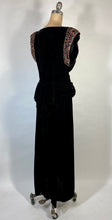 Load image into Gallery viewer, 1940's GLAM NOIR velvet gown with beaded sleeves & unique peplum design