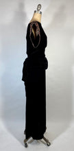 Load image into Gallery viewer, 1940&#39;s GLAM NOIR velvet gown with beaded sleeves &amp; unique peplum design
