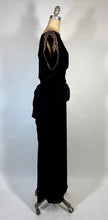Load image into Gallery viewer, 1940's GLAM NOIR velvet gown with beaded sleeves & unique peplum design