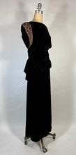 Load image into Gallery viewer, 1940's GLAM NOIR velvet gown with beaded sleeves & unique peplum design