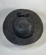 Load image into Gallery viewer, 1930's black straw SAUCER style hat with itty straw strawberries detail