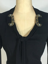 Load image into Gallery viewer, 1930's-1940's black wool crepe dress with neckline tie & beading embellishment