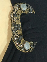 Load image into Gallery viewer, 1930's-1940's black wool crepe dress with neckline tie & beading embellishment