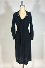 Load image into Gallery viewer, 1930's-1940's black wool crepe dress with neckline tie & beading embellishment