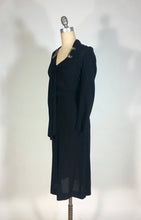 Load image into Gallery viewer, 1930's-1940's black wool crepe dress with neckline tie & beading embellishment