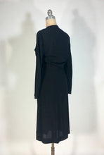 Load image into Gallery viewer, 1930's-1940's black wool crepe dress with neckline tie & beading embellishment