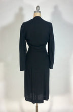 Load image into Gallery viewer, 1930's-1940's black wool crepe dress with neckline tie & beading embellishment