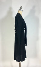 Load image into Gallery viewer, 1930's-1940's black wool crepe dress with neckline tie & beading embellishment