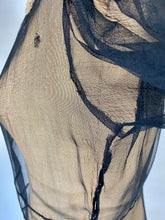 Load image into Gallery viewer, 1930's sheer black bias-cut silk gown with puff sleeves and cream lace