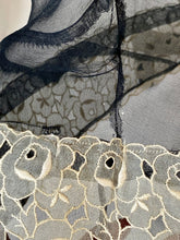 Load image into Gallery viewer, 1930's sheer black bias-cut silk gown with puff sleeves and cream lace