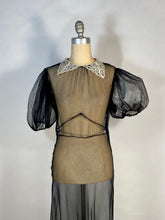 Load image into Gallery viewer, 1930's sheer black bias-cut silk gown with puff sleeves and cream lace