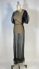 Load image into Gallery viewer, 1930's sheer black bias-cut silk gown with puff sleeves and cream lace