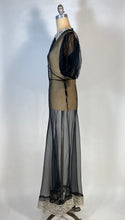 Load image into Gallery viewer, 1930's sheer black bias-cut silk gown with puff sleeves and cream lace