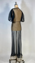Load image into Gallery viewer, 1930's sheer black bias-cut silk gown with puff sleeves and cream lace