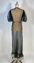 Load image into Gallery viewer, 1930's sheer black bias-cut silk gown with puff sleeves and cream lace