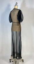 Load image into Gallery viewer, 1930's sheer black bias-cut silk gown with puff sleeves and cream lace