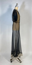 Load image into Gallery viewer, 1930's sheer black bias-cut silk gown with puff sleeves and cream lace
