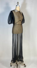 Load image into Gallery viewer, 1930's sheer black bias-cut silk gown with puff sleeves and cream lace